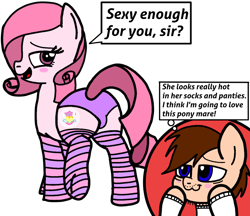 Size: 5785x5009 | Tagged: suggestive, artist:mrstheartist, oc, oc only, oc:annisa trihapsari, oc:seb the pony, earth pony, equine, fictional species, mammal, pegasus, pony, feral, friendship is magic, hasbro, my little pony, absurd resolution, base used, bedroom eyes, black outline, blue eyes, blushing, clothes, duo, female, flirting, legwear, male, male/female, mare, panties, seductive, speech bubble, stallion, striped clothes, striped legwear, underwear