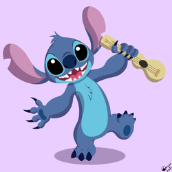 Size: 1280x1280 | Tagged: safe, artist:chasereynard, stitch (lilo & stitch), alien, experiment (lilo & stitch), fictional species, disney, lilo & stitch, 2021, 4 fingers, 4 toes, black eyes, blue body, blue claws, blue fur, blue nose, blue paw pads, chest fluff, claws, ears, fluff, fur, head fluff, holding musical instrument, holding object, looking at you, lute, male, purple background, simple background, solo, solo male, toe claws, torn ear, ukulele