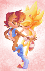 Size: 1198x1881 | Tagged: safe, artist:pesky-pincushion, princess sally acorn (sonic), sonic the hedgehog (sonic), anthro, plantigrade anthro, archie sonic the hedgehog, sega, sonic the hedgehog (series), 2021, duo, female, male, male/female, quills, sonally (sonic), super sonic