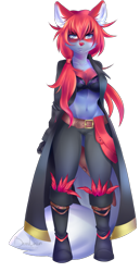 Size: 515x1000 | Tagged: safe, artist:berruchan, oc, oc only, cat, feline, mammal, anthro, blue eyes, bottomwear, bra, breasts, cleavage, clothes, coat, female, gloves, looking at you, midriff, pants, solo, solo female, topwear, underwear