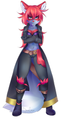 Size: 515x1000 | Tagged: safe, artist:berruchan, oc, oc only, cat, feline, mammal, anthro, blue eyes, bottomwear, bra, breasts, cleavage, clothes, coat, crossed arms, female, gloves, looking at you, midriff, pants, solo, solo female, topwear, underwear