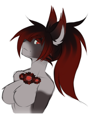 Size: 728x1000 | Tagged: safe, artist:berruchan, oc, oc only, canine, mammal, wolf, anthro, breasts, featureless breasts, female, flower, lidded eyes, looking at you, red eyes, sketch, smiling, solo, solo female