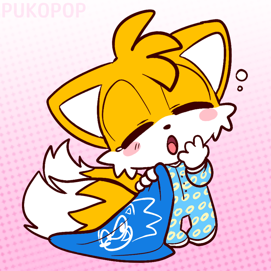 82905 - safe, artist:pukopop, miles tails prower (sonic), canine, fox,  mammal, red fox, sega, sonic the hedgehog (series), baby, cute, dipstick  tail, fluff, multiple tails, onesie, orange tail, sleepy, tail, tail fluff