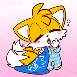 Size: 900x900 | Tagged: safe, artist:pukopop, miles "tails" prower (sonic), canine, fox, mammal, red fox, sega, sonic the hedgehog (series), baby, cute, dipstick tail, fluff, multiple tails, onesie, orange tail, sleepy, tail, tail fluff, two tails, white tail, yawning, young, younger