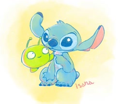 Size: 1024x881 | Tagged: safe, artist:sgr, stitch (lilo & stitch), alien, experiment (lilo & stitch), fictional species, disney, final space, lilo & stitch, 2d, 4 fingers, 4 toes, antennae, blue body, blue claws, blue eyes, blue fur, blue nose, claws, crossover, duo, fluff, fur, green body, head fluff, male, mooncake (final space), short tail, smiling, tail