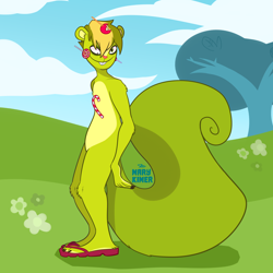 Size: 3000x3000 | Tagged: safe, artist:marykimer, nutty (htf), mammal, rodent, squirrel, anthro, happy tree friends, big tail, black outline, candy, clothes, cloud, curled tail, flat colors, fluff, food, full body, green hair, hair, hands, high res, knee fluff, leg fluff, male, plant, sandals, shoes, signature, simple background, sky, solo, solo male, tail, tree, yellow hair