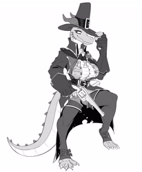 Size: 3372x4096 | Tagged: safe, artist:lenyavoksarts, fictional species, kobold, reptile, anthro, clothes, female, gun, hat, horns, solo, solo female, tail, weapon