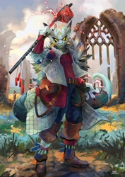 Size: 2896x4096 | Tagged: safe, artist:_plive, lizard, reptile, anthro, coat, frills, horns, male, solo, solo male, staff, tail, topwear