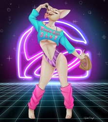Size: 2400x2700 | Tagged: suggestive, artist:unfinishedhekry, canine, chihuahua, dog, mammal, anthro, digitigrade anthro, 2020, 80s, bedroom eyes, belly button, black nose, bra, breasts, clothes, digital art, ears, eating, eyelashes, female, fur, high res, looking at you, open mouth, panties, shirt, sloppy eating, solo, solo female, taco bell, tail, thighs, tongue, tongue out, topwear, underwear, wide hips