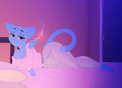 Size: 3850x2800 | Tagged: safe, artist:unfinishedhekry, nicole watterson (tawog), cat, feline, mammal, anthro, plantigrade anthro, cartoon network, the amazing world of gumball, 2020, bed, bedroom, bedroom eyes, bottomwear, breasts, cigarette, clothes, digital art, ears, eyelashes, female, fur, high res, indoors, looking at you, lying down, lying on bed, mature, mature female, night, on bed, pants, pillow, pink nose, seductive, seductive pose, shirt, smoking, solo, solo female, tail, topwear