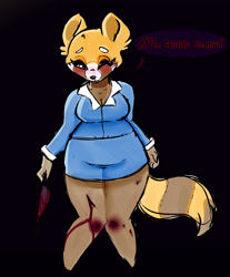Size: 2100x2538 | Tagged: safe, artist:unfinishedhekry, retsuko (aggretsuko), mammal, red panda, anthro, digitigrade anthro, aggretsuko, sanrio, 2020, black nose, blood, breasts, bruised, clothes, cut, digital art, ears, female, fur, high res, knife, legwear, solo, solo female, spanish text, stockings, tail, text, translation request, yandere