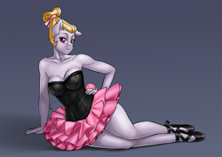 Size: 1200x850 | Tagged: suggestive, artist:pia-sama, artist:str1ker878, earth pony, equine, fictional species, mammal, pony, anthro, plantigrade anthro, friendship is magic, hasbro, my little pony, anthrofied, ballerina, blonde hair, breasts, clothes, digital art, eyebrows, eyelashes, eyeshadow, female, fur, gray body, gray fur, hair, hair tie, hand on hip, hoofer steps (mlp), looking at you, makeup, mare, pink eyes, shoulderless, simple background, solo, solo female, tutu