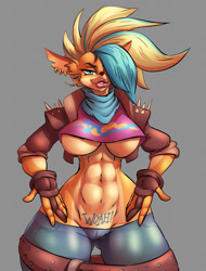 Size: 975x1280 | Tagged: safe, artist:thebigbadwolf01, tawna bandicoot (crash bandicoot), bandicoot, mammal, marsupial, anthro, crash bandicoot (series), 2020, abs, badass, belly button, biceps, black nose, bottomwear, breasts, clothes, crop top, digital art, ear piercing, earring, eyelashes, female, fingerless gloves, fur, gloves, hair, jacket, looking at you, muscles, muscular female, one eye closed, pants, piercing, shirt, simple background, solo, solo female, tail, tattoo, thighs, topwear, wide hips