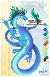 Size: 792x1224 | Tagged: safe, artist:cybercat, oc, dragon, eastern dragon, fictional species, reptile, 2021, adoptable, antlers, blue body, character design, cloud serpent, drake, ears, fantasy art, floating, jewelry, mythology, ryu, scales, serpentine, tail, teeth