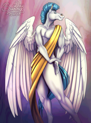Size: 893x1200 | Tagged: safe, artist:sunny way, pegasus (hercules), equine, fictional species, horse, mammal, pegasus, anthro, disney, hercules (disney), 2d, ancient greece, blue hair, blue mane, digital art, exclusive, feathers, fur, hair, male, mane, muscles, patreon, patreon exclusive, pinup, sexy, signature, simple background, smiling, solo, solo male, stallion, tail, toga, ungulate, white body, white fur, wings
