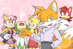Size: 2700x1800 | Tagged: safe, artist:omegasunburst, cosmo (sonic), fiona fox (sonic), miles "tails" prower (sonic), mina mongoose (sonic), zooey the fox (sonic), alien, canine, elemental creature, fictional species, flora fauna, fox, mammal, mongoose, red fox, seedrian (sonic), anthro, humanoid, archie sonic the hedgehog, sega, sonic boom (series), sonic the hedgehog (series), sonic x, 2019, bishie, blood, blushing, bottomwear, chest fluff, clothes, cute, dipstick tail, female, flower, flower on head, fluff, fur, harem, male, male/female, multiple tails, nosebleed, orange tail, pants, pink background, reference, shirt, simple background, smug, tail, tail fluff, tailina (sonic), tailiona (sonic), tailsey (sonic), tailsmo (sonic), topwear, two tails, vixen, white tail