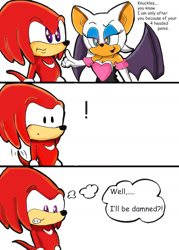 Size: 1237x1730 | Tagged: suggestive, artist:nickgurlpa, knuckles the echidna (sonic), rouge the bat (sonic), bat, echidna, mammal, monotreme, anthro, sega, sonic the hedgehog (series), 2009, clothes, comic, comic strip, dialogue, duo, echidna penis, female, funny, knuxouge (sonic), looking down, male, male/female, quills, red tail, simple background, speech bubble, tail, talking, text, white background