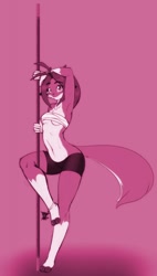 Size: 728x1280 | Tagged: safe, artist:scorpdk, joy ravenhurst (las lindas), canine, coyote, mammal, anthro, digitigrade anthro, las lindas, anklet, bottomwear, breasts, chest fluff, clothes, female, fluff, horns, looking at you, midriff, pole dancing, shorts, sketch, smiling, solo, solo female, stripper pole, topwear, underboob, wraps