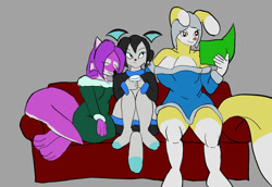Size: 1280x881 | Tagged: safe, artist:jesterkatz, oc, oc:angel rox, oc:lilly padd, oc:rita gear, android, animal humanoid, canine, dragon, fictional species, hybrid, lagomorph, mammal, rabbit, robot, wolf, anthro, humanoid, book, clothes, couch, cozy, digital art, drawing, drink, female, funny, group, headphones, hot chocolate, leaning, pink scales, reading, scales, sweater, topwear, unsure, wolfdragon