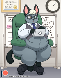 Size: 825x1050 | Tagged: suggestive, artist:nekocrispy, raymond (animal crossing), cat, feline, mammal, anthro, animal crossing, animal crossing: new horizons, nintendo, 2021, belly button, bottomless, chair, clothes, digital art, fat, fur, gray body, gray fur, heterochromia, laptop, male, necktie, nudity, obese, open mouth, partial nudity, shirt, sitting, solo, solo male, topwear, vest