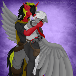 Size: 3860x3840 | Tagged: safe, artist:108-zeroforce, artist:alfury, collaboration, oc, oc only, oc:pynoka, equine, fictional species, mammal, pegasus, pony, unicorn, anthro, hasbro, my little pony, 2021, anthrofied, cigarette, cute, high res, kissing, love, prosthesis, prothesis, simple background, smaur, smoke, wings