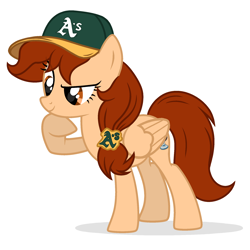 Size: 1926x1926 | Tagged: safe, artist:lazuli0209, artist:rioshi, artist:starshade, oc, oc only, oc:vanilla creame, equine, fictional species, mammal, pegasus, pony, feral, friendship is magic, hasbro, my little pony, alcohol, baseball cap, beer, cap, clothes, drink, hat, oakland athletics, shadow, simple background, solo
