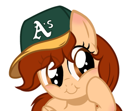 Size: 1493x1305 | Tagged: safe, artist:rioshi, artist:starshade, oc, oc only, oc:vanilla creame, equine, fictional species, mammal, pegasus, pony, feral, friendship is magic, hasbro, my little pony, alcohol, base used, baseball cap, beer, cap, clothes, commission, drink, hat, oakland athletics, shadow, simple background, solo