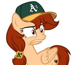 Size: 3594x3112 | Tagged: safe, artist:rioshi, artist:starshade, oc, oc only, oc:vanilla creame, equine, fictional species, mammal, pegasus, pony, feral, friendship is magic, hasbro, my little pony, alcohol, base used, baseball cap, beer, cap, clothes, commission, drink, hat, high res, oakland athletics, shadow, simple background, solo