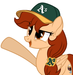 Size: 722x743 | Tagged: safe, artist:rioshi, artist:starshade, artist:teepew, oc, oc only, oc:vanilla creame, equine, fictional species, mammal, pegasus, pony, feral, friendship is magic, hasbro, my little pony, alcohol, base used, baseball cap, beer, cap, clothes, commission, drink, hat, oakland athletics, shadow, simple background, solo