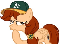 Size: 1676x1238 | Tagged: safe, artist:rioshi, artist:starshade, oc, oc only, oc:vanilla creame, equine, fictional species, mammal, pegasus, pony, feral, friendship is magic, hasbro, my little pony, alcohol, base used, baseball cap, beer, cap, clothes, commission, drink, hat, oakland athletics, shadow, simple background, solo
