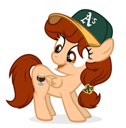Size: 1396x1418 | Tagged: safe, artist:rioshi, artist:starshade, oc, oc only, oc:vanilla creame, equine, fictional species, mammal, pegasus, pony, feral, friendship is magic, hasbro, my little pony, alcohol, base used, baseball cap, beer, cap, clothes, commission, drink, hat, oakland athletics, shadow, simple background, solo