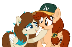 Size: 2701x1752 | Tagged: safe, artist:rioshi, artist:starshade, oc, oc only, oc:amora bunny, oc:vanilla creame, equine, fictional species, mammal, pegasus, pony, feral, friendship is magic, hasbro, my little pony, alcohol, base used, baseball cap, beer, cap, clothes, commission, drink, hat, oakland athletics, shadow, simple background