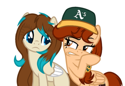 Size: 1159x800 | Tagged: safe, artist:rioshi, artist:starshade, oc, oc only, oc:amora bunny, oc:vanilla creame, equine, fictional species, mammal, pegasus, pony, feral, friendship is magic, hasbro, my little pony, alcohol, base used, baseball cap, beer, cap, clothes, commission, drink, hat, oakland athletics, shadow, simple background