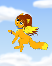 Size: 3972x5000 | Tagged: safe, artist:starshade, oc, oc only, oc:lesik, cat, feline, mammal, feral, 2019, absurd resolution, blue eyes, brown hair, claws, collar, ear fluff, ears, feathered wings, feathers, female, fluff, fur, ginger fur, hair, head fluff, looking at something, orange body, orange fur, paw pads, paws, simple background, sitting, smiling, solo, solo female, stars, tail, tail fluff, underpaw, white background, wings, yellow body, yellow fur