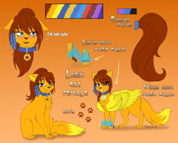 Size: 3000x2413 | Tagged: safe, artist:starshade, oc, oc only, oc:lesik, cat, feline, mammal, feral, 2018, blue eyes, brown hair, claws, collar, ear fluff, ears, feathered wings, feathers, female, fluff, fur, ginger fur, hair, head fluff, high res, looking at something, orange body, orange fur, paw pads, paws, reference sheet, simple background, sitting, smiling, solo, solo female, stars, tail, tail fluff, underpaw, white background, wings, yellow body, yellow fur
