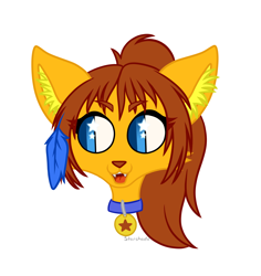 Size: 3486x3696 | Tagged: safe, artist:starshade, oc, oc only, oc:lesik, cat, feline, mammal, feral, 2018, blue eyes, brown hair, claws, collar, ear fluff, ears, feathered wings, feathers, female, fluff, fur, ginger fur, hair, head fluff, high res, looking at something, orange body, orange fur, paw pads, paws, simple background, sitting, smiling, solo, solo female, starry eyes, stars, tail, tail fluff, underpaw, white background, wingding eyes, wings, yellow body, yellow fur