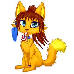 Size: 3500x3500 | Tagged: safe, artist:starshade, oc, oc only, oc:lesik, cat, feline, mammal, feral, 2017, :p, blue eyes, brown hair, claws, collar, ear fluff, ears, feathered wings, feathers, female, fluff, fur, ginger fur, hair, head fluff, high res, looking at something, orange body, orange fur, paw pads, paws, simple background, sitting, smiling, solo, solo female, starry eyes, stars, tail, tail fluff, tongue, tongue out, underpaw, white background, wingding eyes, wings, yellow body, yellow fur