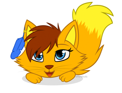 Size: 5000x3825 | Tagged: safe, artist:starshade, oc, oc only, oc:lesik, cat, feline, mammal, feral, 2017, absurd resolution, blue eyes, brown hair, chibi, claws, collar, ear fluff, ears, feathered wings, feathers, female, fluff, fur, ginger fur, hair, head fluff, looking at something, orange body, orange fur, paw pads, paws, simple background, sitting, smiling, solo, solo female, tail, tail fluff, underpaw, white background, wings, yellow body, yellow fur