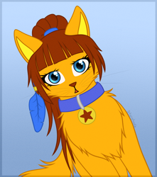 Size: 4335x4906 | Tagged: safe, artist:starshade, oc, oc only, oc:lesik, cat, feline, mammal, feral, 2017, absurd resolution, blue eyes, brown hair, claws, collar, colored outline, ear fluff, ears, feathered wings, feathers, female, fluff, fur, ginger fur, hair, head fluff, looking at something, orange body, orange fur, paw pads, paws, simple background, sitting, smiling, solo, solo female, stars, tail, tail fluff, underpaw, white background, wings, yellow body, yellow fur