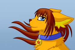 Size: 2906x1932 | Tagged: safe, artist:starshade, oc, oc only, oc:lesik, cat, feline, mammal, feral, 2017, blue eyes, brown hair, claws, collar, ear fluff, ears, feathered wings, feathers, female, fluff, fur, ginger fur, hair, head fluff, looking at something, orange body, orange fur, paw pads, paws, simple background, sitting, smiling, solo, solo female, stars, tail, tail fluff, underpaw, white background, wings, yellow body, yellow fur