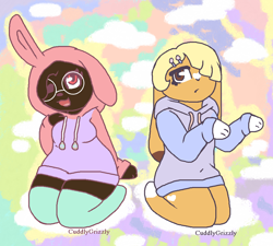 Size: 1000x900 | Tagged: safe, artist:cuddlygrizzly, oc, oc:cuddle the grizzly, oc:mousse the bunny, bear, lagomorph, mammal, rabbit, anthro, animal costume, brown body, brown eyes, brown fur, brown hair, bunny costume, bunny ears, clothes, colored pupils, costume, cream body, cream fur, cute, duo, duo female, female, females only, fur, glasses, hair, hoodie, kawaii, kneeling, legwear, multicolored fur, pastel, paws, piercing, pink eyes, round glasses, smiling, socks, socks (leg marking), spots, thigh highs, thighs, topwear, two toned body, two toned fur