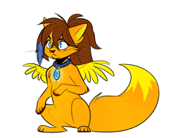Size: 2300x1800 | Tagged: safe, artist:xvostik, oc, oc only, oc:lesik, cat, feline, mammal, feral, 2021, blue eyes, brown hair, claws, collar, ear fluff, ears, feathered wings, feathers, female, fluff, fur, ginger fur, hair, head fluff, looking at something, orange body, orange fur, paw pads, paws, simple background, sitting, stars, tail, tail fluff, underpaw, wings, yellow body, yellow fur