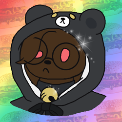 Size: 500x500 | Tagged: safe, artist:cuddlygrizzly, oc, oc:cuddle the grizzly, bear, mammal, anthro, 1:1, bell, bow, brown body, brown fur, bust, choker, clothes, cute, female, fur, glasses, gradient background, hamburger, head, kawaii, low res, magenta eyes, mascot, pajamas, pink eyes, rainbow, ribbon, round glasses, solo, solo female, sparkles, yellow eyes