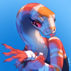 Size: 1280x1280 | Tagged: safe, artist:fivel, oc, oc:kirava kourin, reptile, snake, anthro, bandage, female, forked tongue, gradient background, snake tongue, solo, solo female, tongue, tongue out