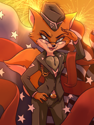 Size: 1200x1600 | Tagged: safe, artist:plague of gripes, lt. fox vixen (squirrel and hedgehog), canine, fox, mammal, anthro, squirrel and hedgehog, 2017, bottomwear, clothes, female, fireworks, flag, glasses, hand on hip, hat, pants, salute, soldier, solo, solo female, tail, vixen