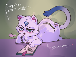 Size: 1600x1200 | Tagged: safe, artist:plague of gripes, cat, feline, mammal, semi-anthro, star vs. the forces of evil, baby (star vs. the forces of evil), bedroom eyes, blushing, chest fluff, female, fluff, jewel, notepad, paw pads, paws, tail, talking, underpaw