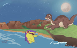 Size: 1024x640 | Tagged: safe, artist:draigar comado, littlefoot (the land before time), mo (the land before time), apatosaurus, dinosaur, ichthyosaur, ophthalmosaurus, reptile, sauropod, feral, sullivan bluth studios, the land before time, blue eyes, brown body, brown eyes, duo, duo male, eye contact, full moon, looking at each other, male, males only, moon, night, night sky, open mouth, opthalmosaurus, partially submerged, purple body, rock, shooting star, sky, smiling, star, stars, water, young