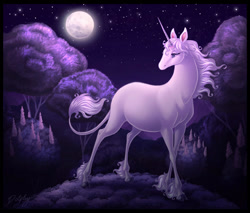 Size: 763x650 | Tagged: safe, artist:dolphiana, lady amalthea (the last unicorn), classical unicorn, equine, fictional species, mammal, unicorn, feral, the last unicorn, 2009, 2d, cloven hooves, female, full moon, fur, hooves, leonine tail, moon, night, night sky, sky, solo, solo female, stars, tail, tree, unshorn fetlocks, white body, white fur