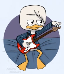 Size: 698x800 | Tagged: safe, artist:corgi, donald duck (disney), bird, duck, waterfowl, anthro, disney, ducktales, ducktales (2017), mickey and friends, 2d, beak, bird feet, electric guitar, feathers, front view, guitar, male, musical instrument, sitting, solo, solo male, watermark, white feathers, young, younger