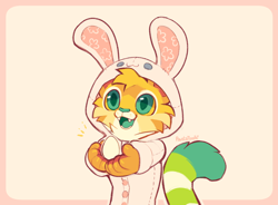 Size: 900x661 | Tagged: safe, artist:pawstanoodle, big cat, feline, mammal, tiger, semi-anthro, ambiguous gender, bunny costume, egg, excited, fur, green eyes, holding object, orange body, orange fur, smiling, solo, solo ambiguous, striped fur